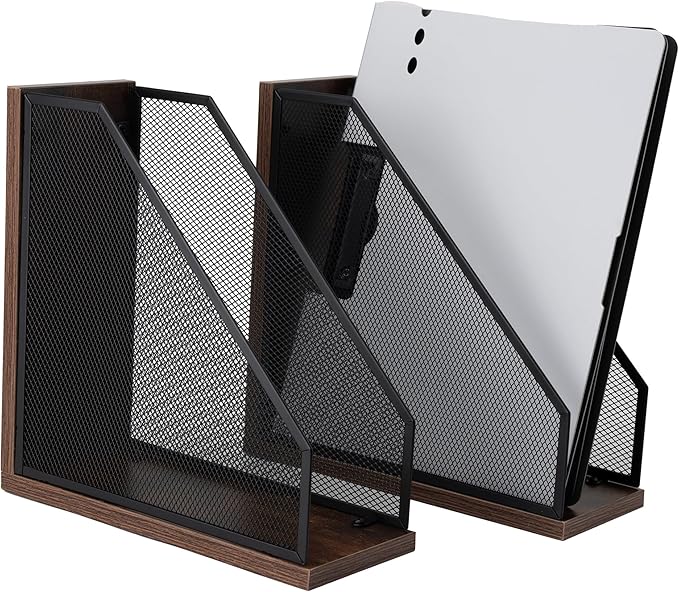 Antique Wooden Magazine Holder,Mesh File Holder for Desk, Office Desk Accessories Decorative File Box (2 Pack Black)