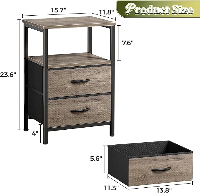 Huuger Night Stand Set of 2, Nightstand with 2 Drawers, Bed Side Table with Open Shelf, Wooden Top, End Table, Fabric Drawer with Oak Wooden Print Surface, for Bedroom