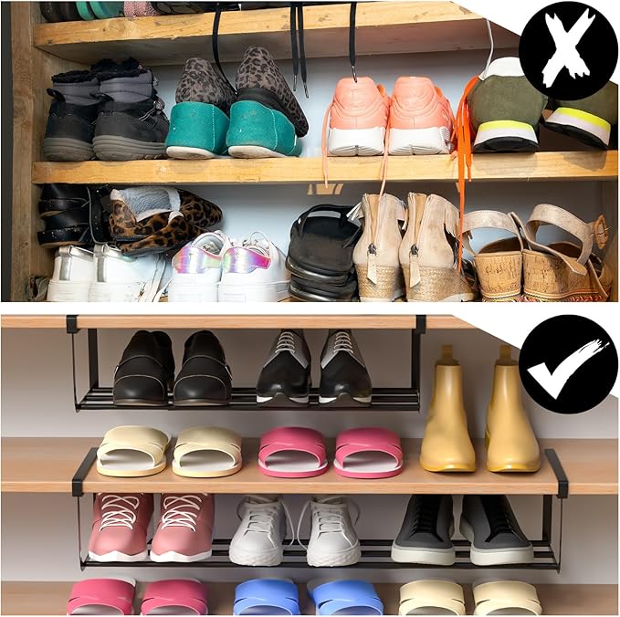 2 Pcs Expandable Shoe Rack Organizer for Closet 16.5-31.5 Inch Adjustable Retractable Hanging Cabinet Shoe Shelf Dorm Room Storage for Space Saving (Black)-NeatNest