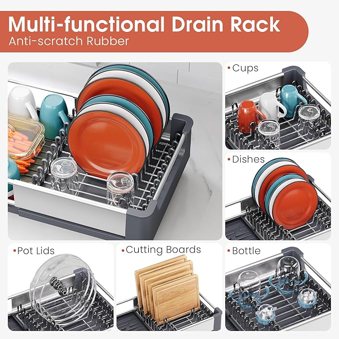 TOOLF Dish Drying Rack for Kitchen Counter, Extendable Dish Rack with Drainboard, Expandable Dish Drainer, Collapsible Dish Strainer with Cutlery Holder, Foldable Home Plate Rack, Alu Gray