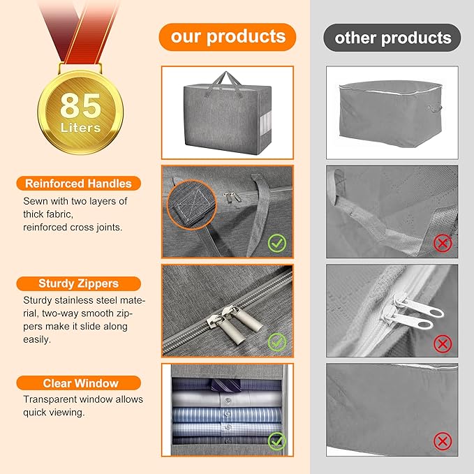 3 Pack 85L Comforter Storage Bags, Extra Large Bedding Storage Bags with Sturdy Zipper and Reinforced Handle, Clear Window, Moving Closet Organizers for Comforters and Blankets, Pillows-NeatNest