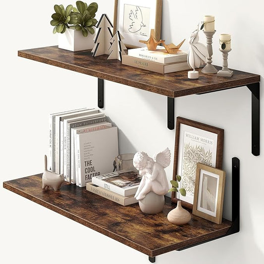 Fun Memories Rustic Brown 12 Inch Deep Floating Shelves Set of 2, Wall Mounted Shelf with Metal Brackets, Rustic Wood Wall Shelf for Bathroom, Kitchen and Living Room-NeatNest