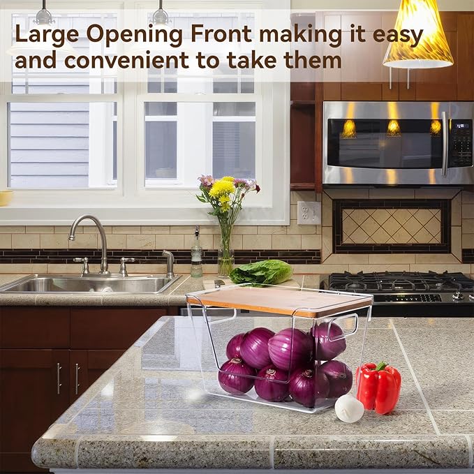 2 set Pantry Organizers and Storage,Stackable Onion Storage Potato Storage,Kitchen Laundry Organizers with Bamboo Top for Vegetable,Fruits, Snacks,Produce Clear