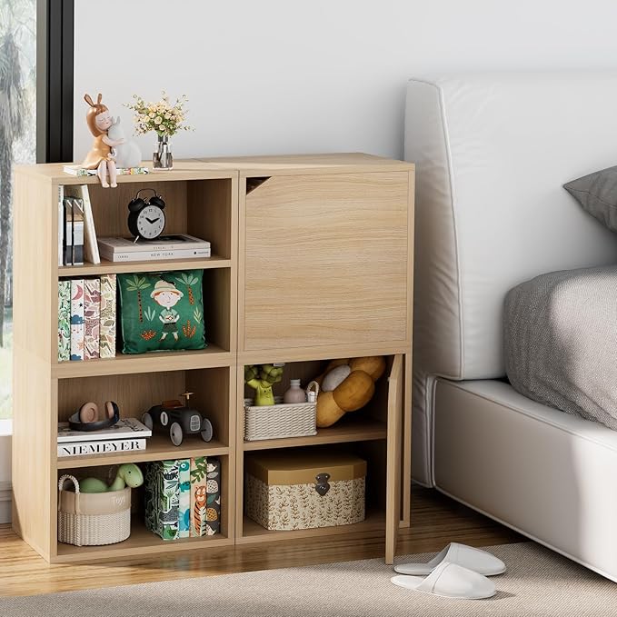 Garden 4 You Cube Storage Organizer Shelf, 2 Tiers Stackable Bookshelf With Door, Wooden Display Bookcase, Small Cabinet for Living Room Bedroom, Natural-NeatNest