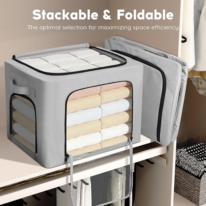 3-Pack Clothes Organizer Bins with Metal Frame, Foldable 40L Linen Storage Boxes with Lids, Clear Windows, Zippers & Durable Handles (Light Gray)-NeatNest