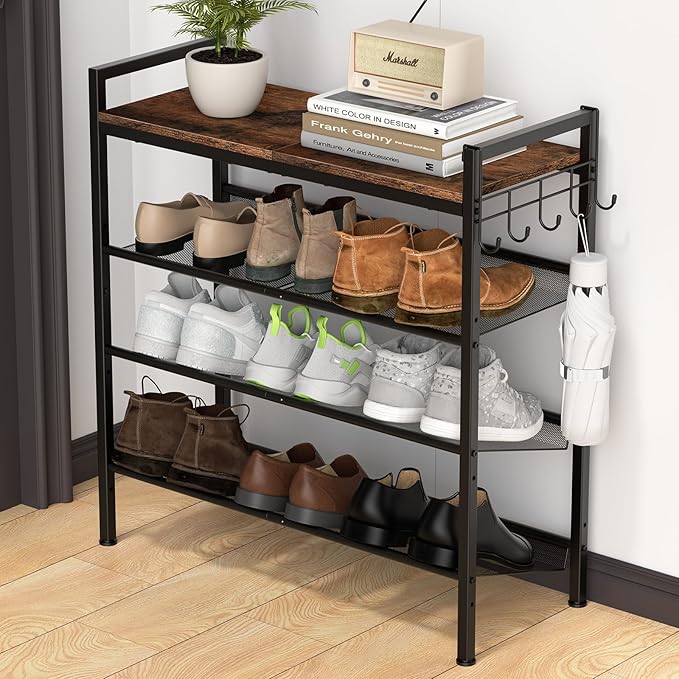 Refrze Shoe Rack for Front Door Entrance, 4 Tier Height-Adjustable Metal Shoe Rack, Sturdy Wooden Top and Tiltable Steel Frame Heavy Duty Shoe Organizer for Bathroom,Bedroom,Kitchen，Include Hook-NeatNest