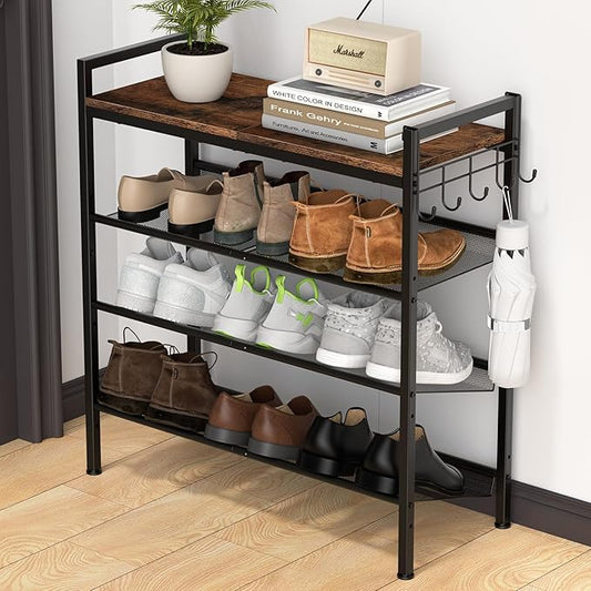 Refrze Shoe Rack for Front Door Entrance, 4 Tier Height-Adjustable Metal Shoe Rack, Sturdy Wooden Top and Tiltable Steel Frame Heavy Duty Shoe Organizer for Bathroom,Bedroom,Kitchen，Include Hook-NeatNest