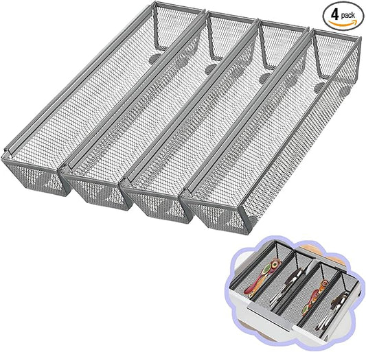 4PCS Drawer Organizer, Mesh Drawer Organizer with Interlocking Arm for Utensil, Cosmetic, Flatware, Pen (12 * 3 * 2 Inches, Grey)-NeatNest