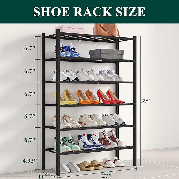 Smiry Shoe Rack, 6 Tier Bamboo Shoe Organizer, Stackable Free Standing Wooden Shoe Storage Shelf for Closet, Entryway, Front Door Entrance, Black-NeatNest