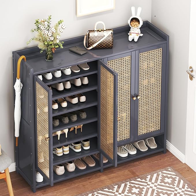 Bamboo Shoe Cabinet, 8-Tier Shoe Storage Cabinet with Doors, Freestanding Bamboo Shoe Rack Organizer with Shelves for Entryway, Hallway, Closet, Living Room (Grey)