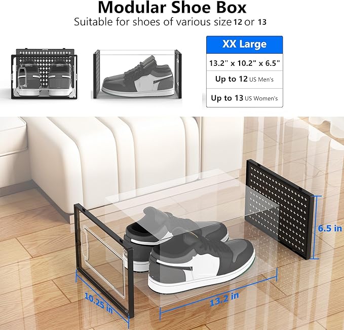 12 Pack XX-Large Modular Clear Plastic Stackable Shoe Storage Organizer for Closet, Space Saving Versatile Sneaker Shoe Rack Containers Bins Holders, Portable Closet Organizers and Storage, Black-NeatNest