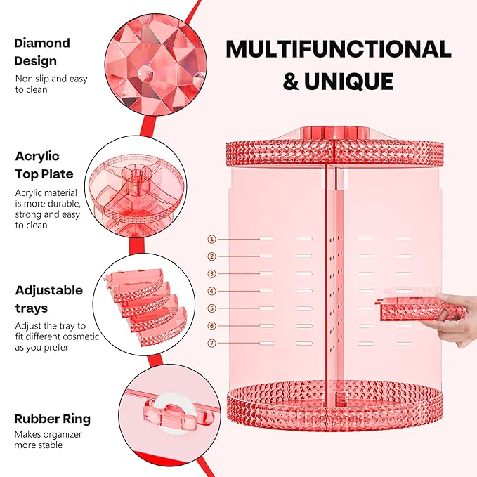 360 Degree Rotating Makeup Organizer, Extra Large Capacity Perfume Holder, Removable 7 Layers Cosmetics Organizer, Make Up Organizer For Countertop Storage Skincare or More (Pink)-NeatNest