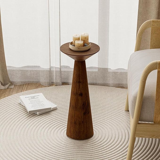 Farmhouse Tall Pedestal End Table Small Solid Wood Martini Table Plant Stand Modern Round Drink Table for Small Space Living Room, Walnut