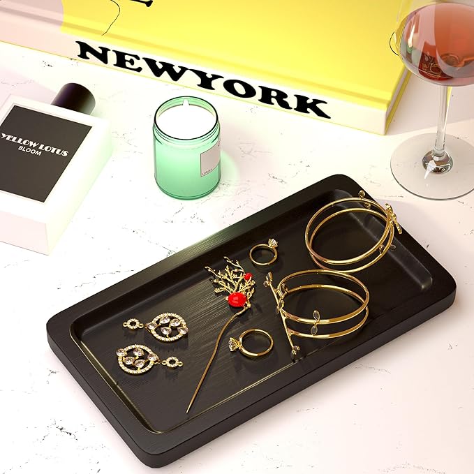 Black Bathroom Tray - Small Black Bamboo Wood Tray Decor for Vanity, Coffee Table, Cologne and Perfume Tray, Matte Black Bathroom Decor for Counter, Soap Dish, 9 inch-NeatNest