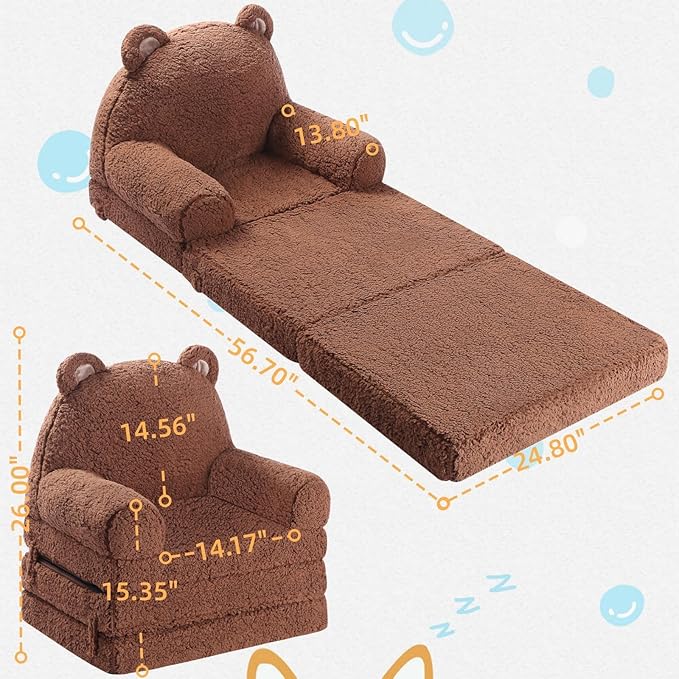Foldable Sofa for Kids, Sherpa Teddy Bear Toddler Couch With Tri Folding Foam Cushions, Comfy for Ages 3-6-NeatNest