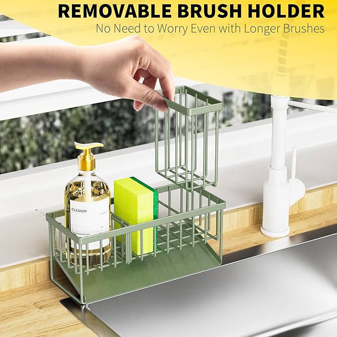 Cisily Kitchen Sink Caddy, Sponge Holder for Kitchen Sink, Kitchen Sink Organzier and Storage with High Brush Holder, 304 Stainless Kitchen Gadgets Sink Accessories, Organizadores de Cocina Sage Green-NeatNest