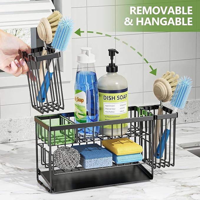 Cisily 2-Tier Kitchen Sink Caddy Organzier Rack with Flexible Dish Brush Holder, Sponge Holder for Kitchen Sink Countertop Organization Storage,Home Decor Accessories Essentials Stainless Steel-NeatNest