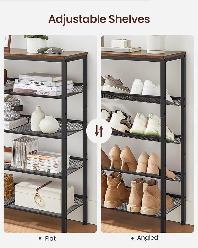 VASAGLE Shoe Rack for Entryway, 5-Tier Shoe Rack Organizer with Storage Shelves and Spacious Top, Freestanding, Adjustable, Industrial, Rustic Brown and Ink Black ULBS038B01-NeatNest