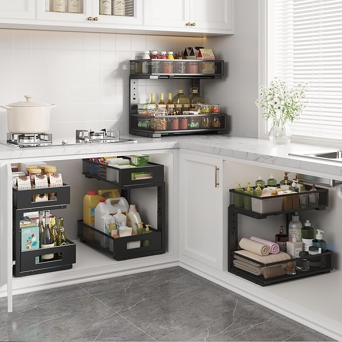 2-Pack Under Sink Organizers And Storage,Large Capacity 2-Tier Pull-Out Cabinet Organizer With Upgraded Tube Rails,Adjustable Height Sliding Drawers,Sturdy Mesh Shelves For Kitchen&Bathroom-Black-NeatNest