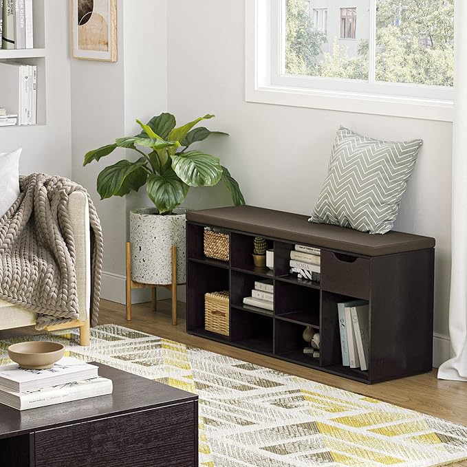 DINZI LVJ Shoe Bench, Entryway Storage Bench with Drawer and 11 Cubbies, Cubby Shoe Rack with Adjustable Shelves, Shoe Organizer Cabinet for Living Room, Bedroom, Mudroom, Closet and Garage, Espresso-NeatNest
