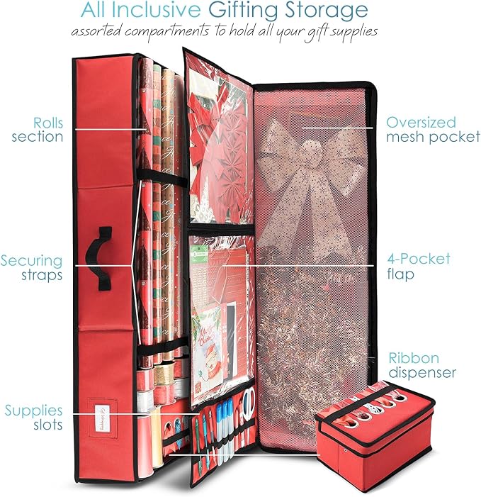 Hearth & Harbor Wrapping Paper Storage Container - Christmas Storage Bag with Ribbon Dispenser and Interior Pockets - Gift Wrap Organizer Fits Up to 26 Rolls of 40" Length, Red-NeatNest