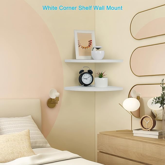 Corner Wall Shelves Set of 2, Rustic Wood Corner Floating Shelves with Cable Raceway, Wall Mount Storage Display for TV Accessories, Baby Monitor (White, Fan-shaped-10 Inch)-NeatNest
