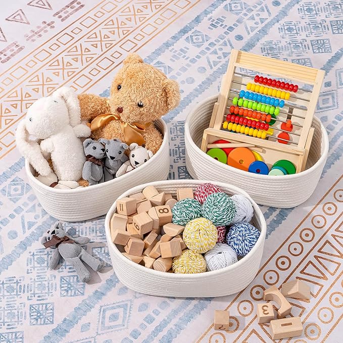 CubesLand Off White Small Storage Baskets for Shelves, Closet Organization Storage Bins Empty Gift Basket Baby Nursery Woven Baskets for Organizing, Rectangular Clothes Closet Shelves Baskets 3 Packs-NeatNest