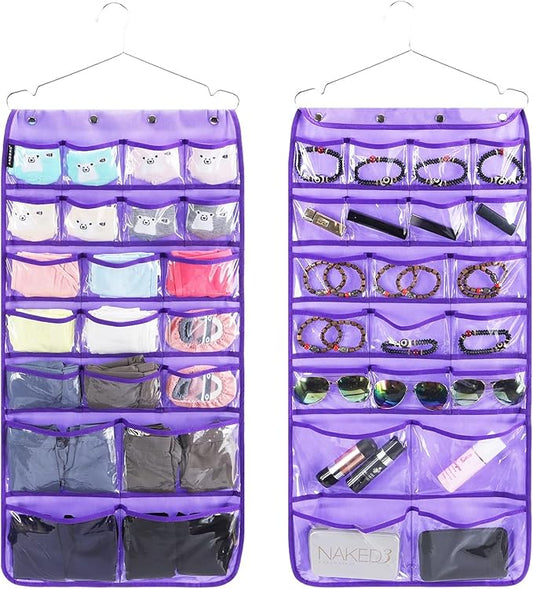 Dual Sided Hanging Organizer for Jewelry Makeup Storage Closet Organizers for Bows Socks Underwear with 42 Clear Pockets (PURPLE)-NeatNest