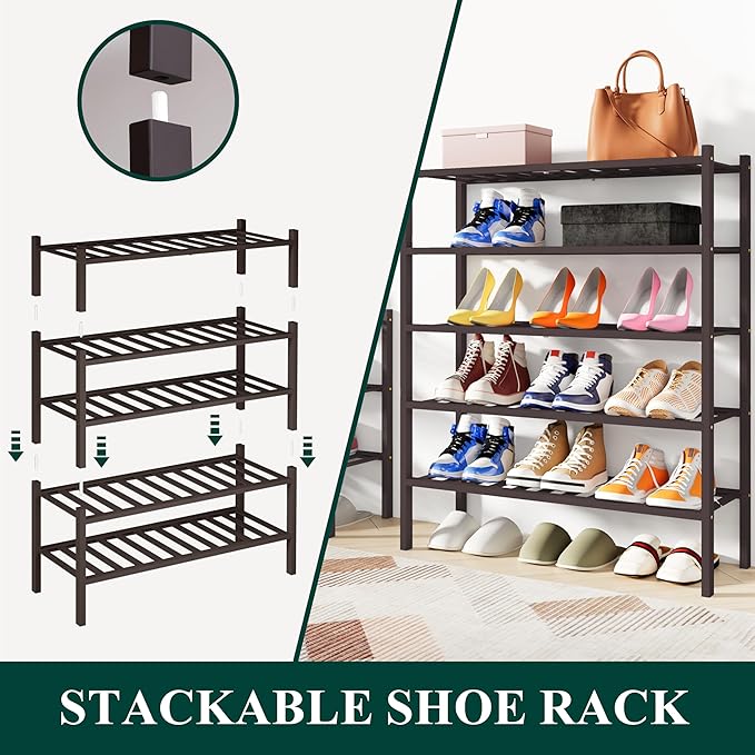 Smiry Shoe Rack, 2 Tier Bamboo Shoe Organizer, Stackable Free Standing Wooden Shoe Storage Shelf for Closet, Entryway, Front Door Entrance, Brown-NeatNest
