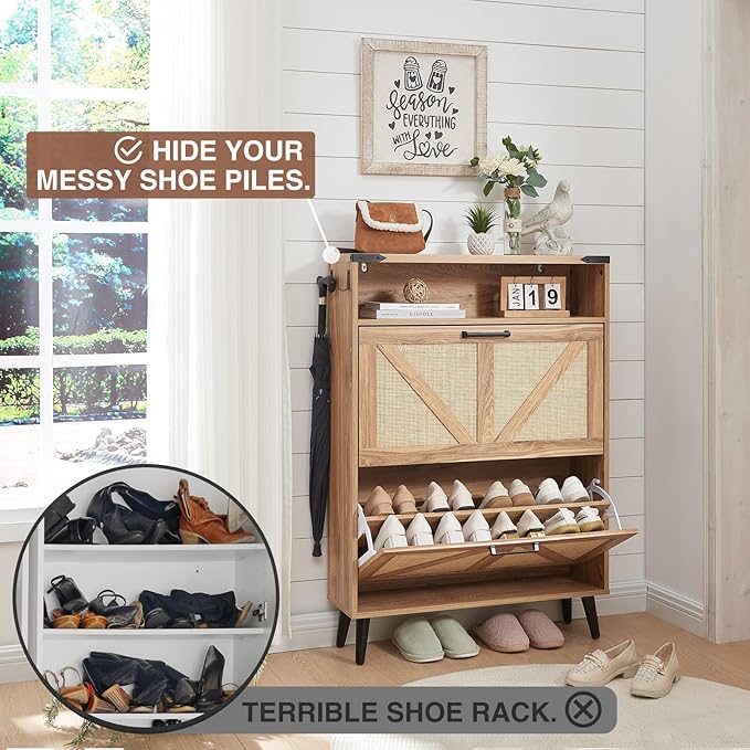 Shoe Storage Cabinet, Boho Rattan Shoe Organizer with 2 Flip Drawers,Farmhouse Freestanding Hidden Slim Narrow Shoe Rack Cabinet with Open Shelves for Entryway, Foyer,Hallway, Natural-NeatNest