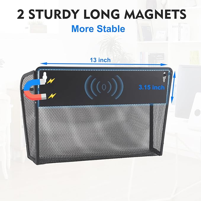 EASEPRES Magnetic 3 Single Pocket Mesh Hanging File Organizer, Vertical Wall Mounted Magazine File Holder, Mount Basket Mail Paper Document Folder Organizing for Office, Home and School, Black