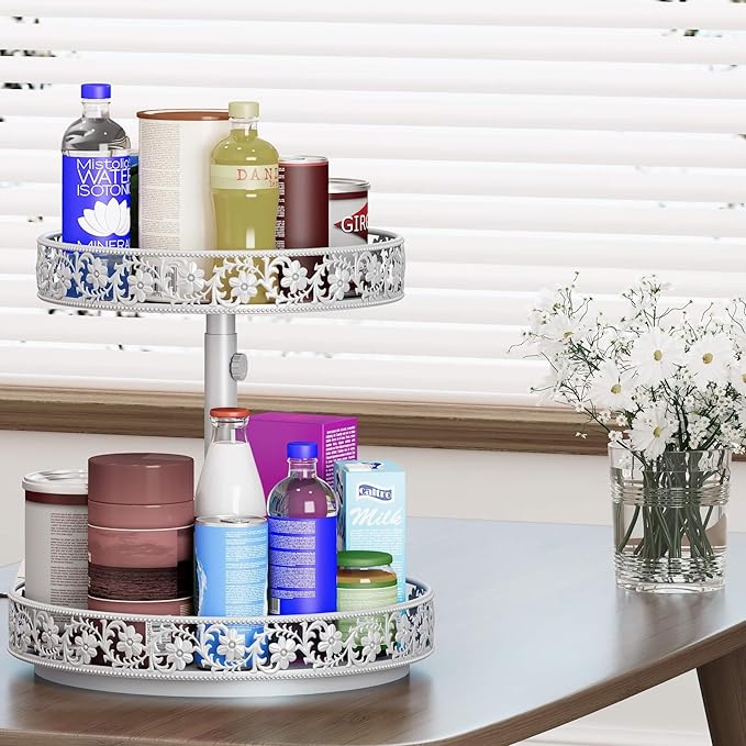 2 Tier Lazy Susan Organizer Turntable Adjustable,12 Inch Two Tier Lazy Susan Metal Easy Assembly Cleaning, Rotating Spice Rack Organizer for Cabinet Dining Table Kitchen Countertop White-NeatNest