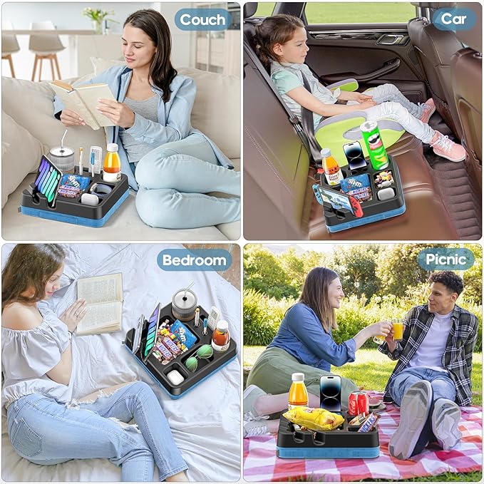 Couch Cup Holder Tray Couch Cup Holder Pillow Bed Tray Snack Sofa Bed Caddy Organizer Beach Sofa Drink Holder Anti-Spill Portable Snack Caddy Couch Remote Holder for Phone Pad Kindle Beverage Blue-NeatNest