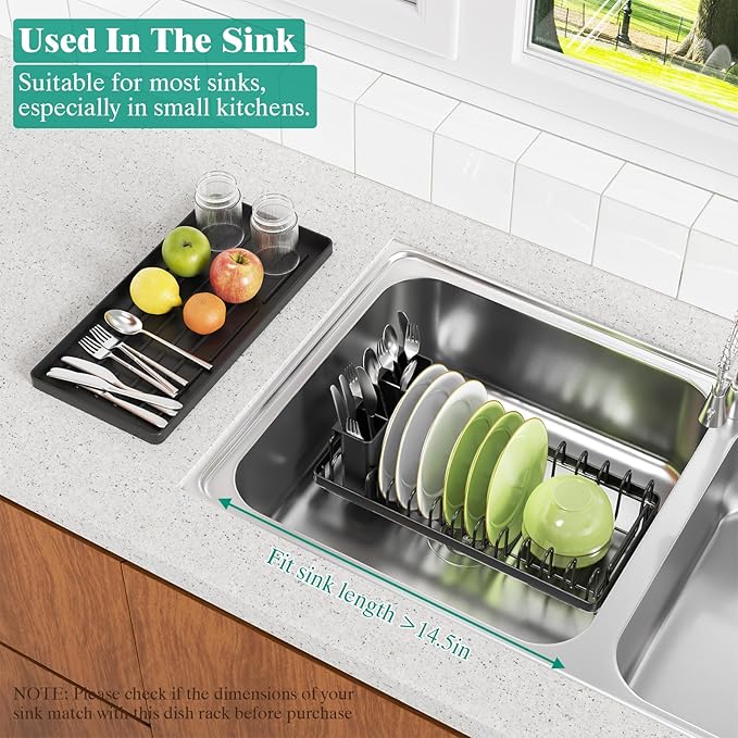 Giwil Small Sink Drying Rack, Compact Dish Rack with Silicone Mat for Kitchen Counter, Expandable Rustproof Dish Drying Rack Used Over Sink, in Sink & on Countertop, Black