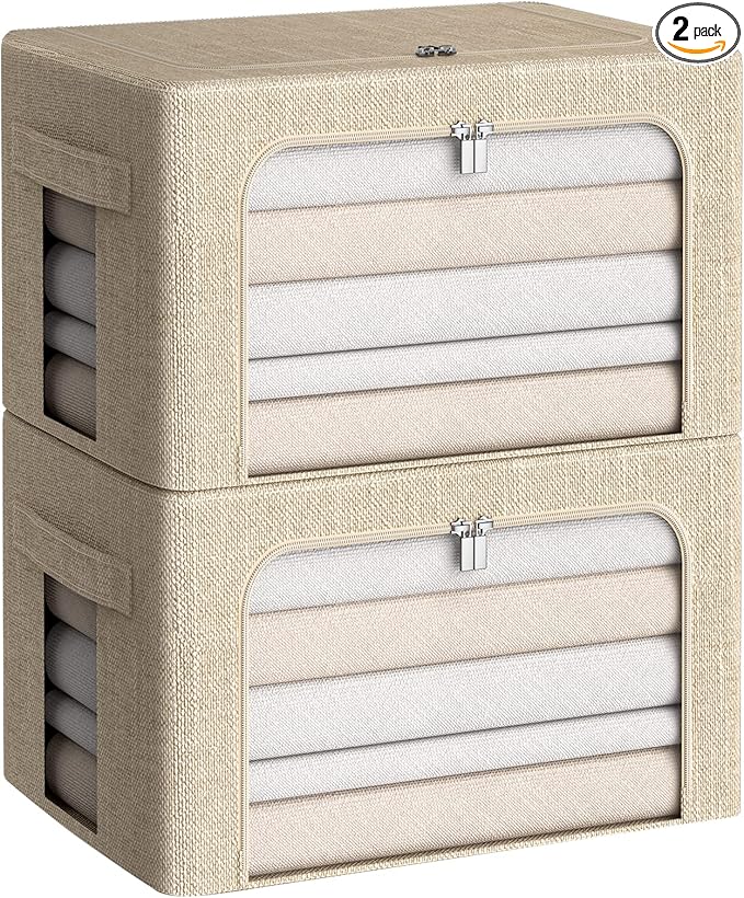 Clothes Storage Bins Box - Linen Fabric Foldable Stackable Container Organizer Set with Clear Window & Carry Handles & Metal Frame for Bedding, Blankets, Books (Beige, Medium-36L)-NeatNest