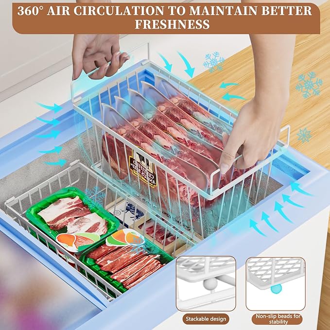 5 Pack Stackable Deep Freezer Organizer Bins ，Upgraded Bottom Leak-Proof net，Encryption and Hardening ， Freezer Organizer Bins for 7 Cu.FT Small Chest Freezer， Easy Get Bottom Foods