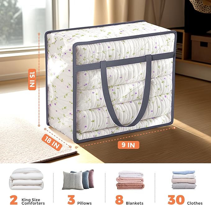 Budding Joy Clear Zippered Storage Bags for Clothes,40L Closet Organizers and Storage Containers Vinyl Moving Bag for Bedding, Linen, Blankets, Comforters, Clothing & Toys, Grey, 4 Pack-NeatNest