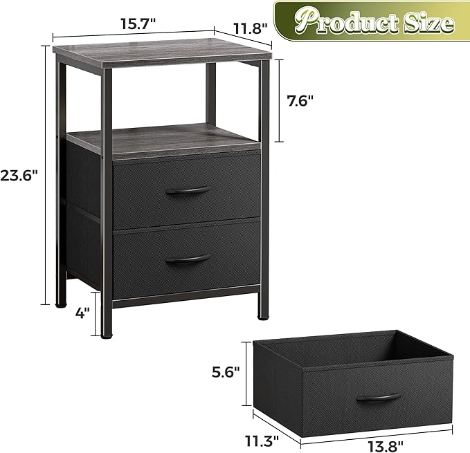 Huuger Night Stand with 2 Drawers, Bed Side Table with Open Shelf, Wooden Top, Nightstand for Bedroom, End Table for Small Space, Fabric Drawer, Grey