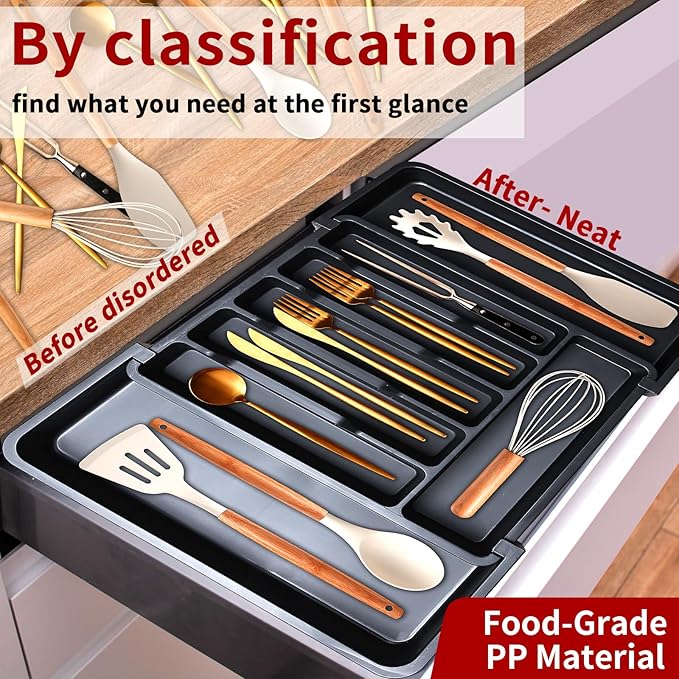 INFTYLE Kitchen Utensil Drawer Organizer,Expandable Utensil tray for Kitchen,Plastic Spatula Tools Adjustable Cutlery Storage for Forks, Knives, Multipurpose Kitchen Organizers,Black-NeatNest