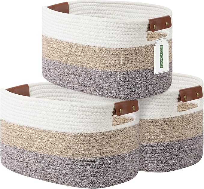Cotton Rope Basket , Storage Baskets with Handle, 15x10x9 Inch Woven Basket for Shelves, Laundry, Towels, Clothes, Books, Toys (Gradient Brown 3 Pack)-NeatNest