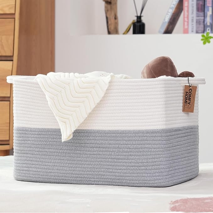 COMFY-HOMI Large Rectangle Laundry Storage Basket | Cotton Rope Woven, Organizing with Handle | Dirty Cloth & Baby Shower Basket | 22x15x12' - White/Grey-NeatNest