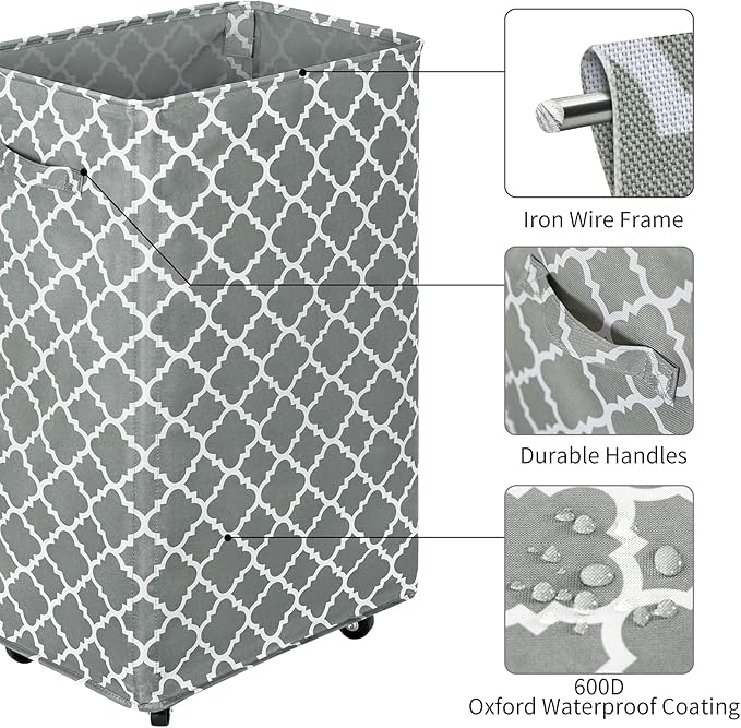 WOWLIVE Large Rolling Laundry Basket Wheels 90L Collapsible Tall Laundry Hamper Handle Foldable Dirty Clothing laundry storage organizer Fold up Rectangular Hampers for Laundry Dorm Room (Grey3)