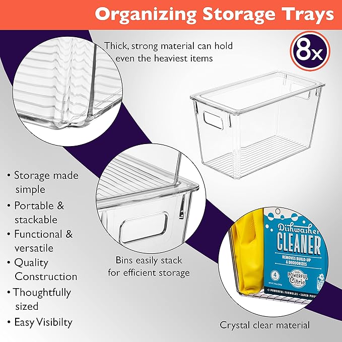 ClearSpace Modern Plastic Storage Bins with Lids Perfect Kitchen Organization or Pantry Fridge Organizer, 8 Pack, Transparent, Rectangular, 12.5" x 6" x 7", 9L Capacity, 8 Compartments-NeatNest