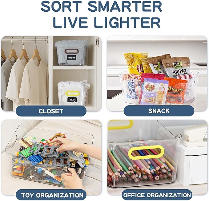 Clear Plastic Storage Bins 8 Pack with 16 Soft Silicone Handles, Organizer Bins for Home & Kitchen, Storage Containers for Pantry, Fridge, Laundry, Bathroom, Classroom-NeatNest