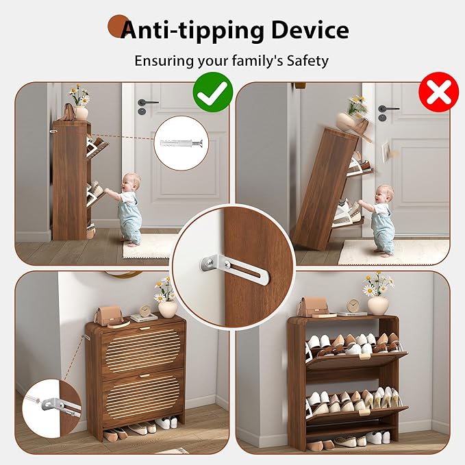 Narrow Shoe Storage Cabinet for Entryway with 2 Flip Drawers, Freestanding Wood Shoe Cabinet with Arched Stripe Panel, Curved Edge Shoe Organizer Closed Shoe Rack for Hallway, Foyer (Walnut)-NeatNest