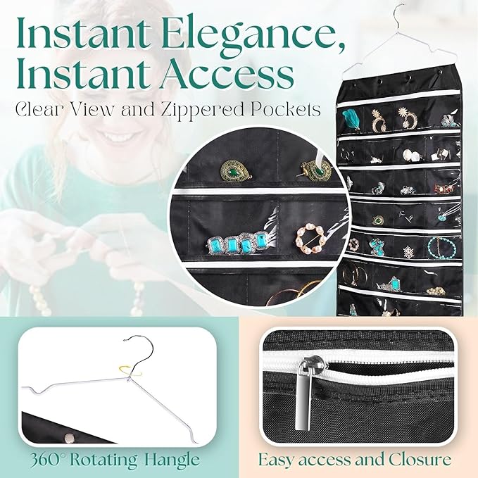Flexzion Hanging Jewelry Organizer with Zippered Pockets - (1 Pack) Black Closet Jewelry Organizer Storage with Hanger, 56 Pockets Dual Sided Earring Organizer Hanging for Bracelets, Watches, Ring-NeatNest