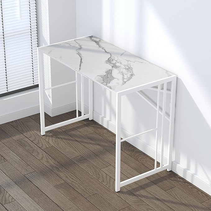 Folding Computer Desk 40 inch Writing Gaming Computer Camping Desk, No Assembly Required Home Office Table, White Marble-NeatNest