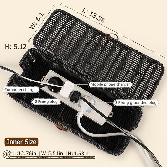Cable Management Box, Handwoven Faux Rattan Cord Organizer Box with Lid, 2 Open Slots Cable Organizer Box, Decorative Cord Hider Box for Tv Computer USB Hub & Power Strip Holder-NeatNest