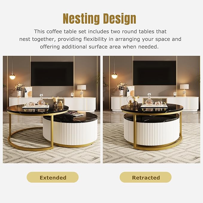 27.6" Lift-Top Nesting Coffee Table Set of 2, Modern Round Coffee Table with Drawer, Circular Wood Center Table Set for Living Room, Apartment, Black & Gold