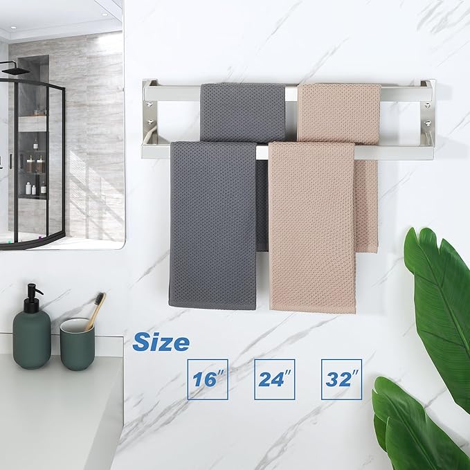 Alise Double Towel Bar 24", SUS304 Stainless Steel Towel Racks for Bathroom Wall Mounted, Heavy Duty Bathroom Towel Holder, Space Saving Towel Hanger, Brushed Nickel